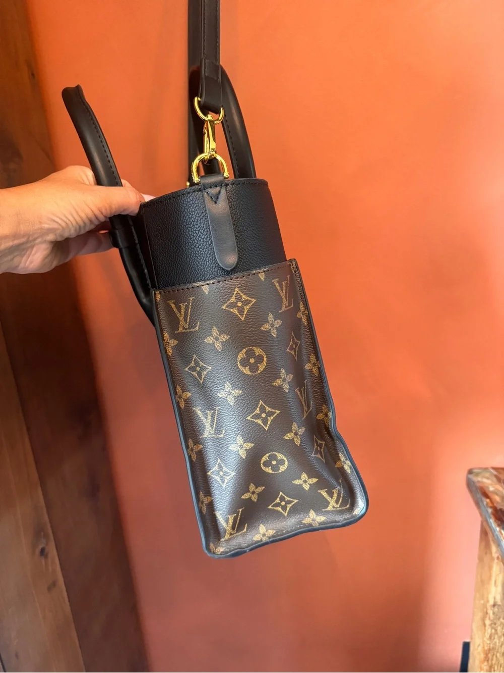 Louis Vuitton Black Leather Satchel with Monogram Side Panels and Gold Hardware